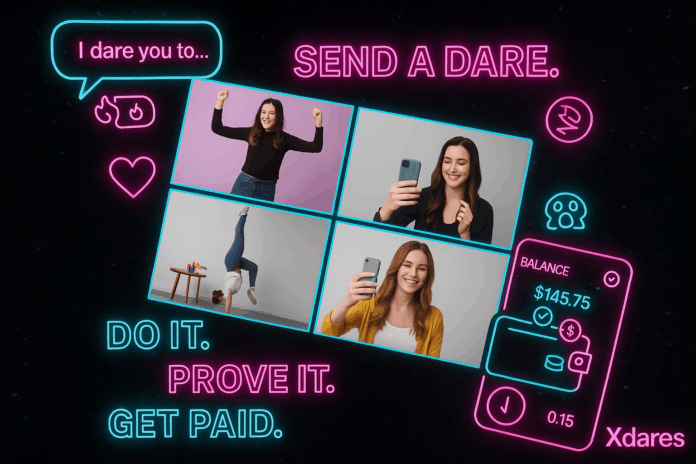 Xdares promotional graphic illustrating the social dare economy with neon challenge visuals.”