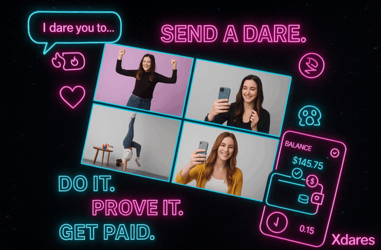Xdares promotional graphic illustrating the social dare economy with neon challenge visuals.”